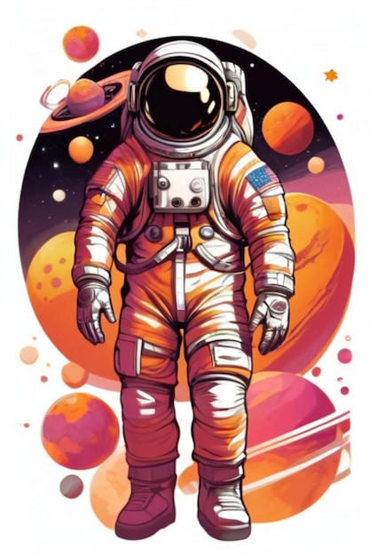 Vector Astronaut with Multiple Planets Vibrant Clip Art for Tshirt Printing