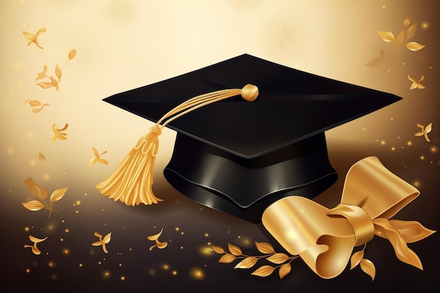 Vector background with graduation cap and papyrus certificate golden black design