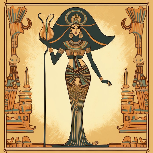 Vector beautiful egyptian pharaoh goddess cleopatra watercolor drawing vector illustration