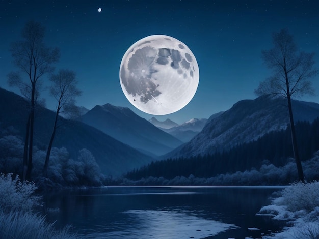 Вектор прекрасная ночь с лунной горой и деревьями на берегу реки