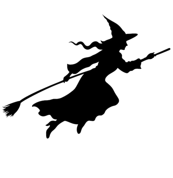 vector beautiful witch flying witch with broom black witch silhoutte vector illustration on white background