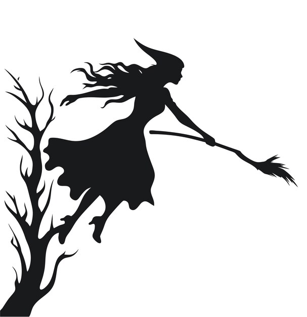 Foto vettore bella strega volante strega con scopa silhoutte strega nera con illustrazione vettoriale albero su sfondo bianco