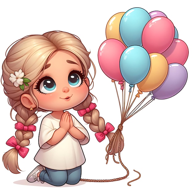 vector birthda girl with a braided hair and a bunch of balloons with a picture of a girl