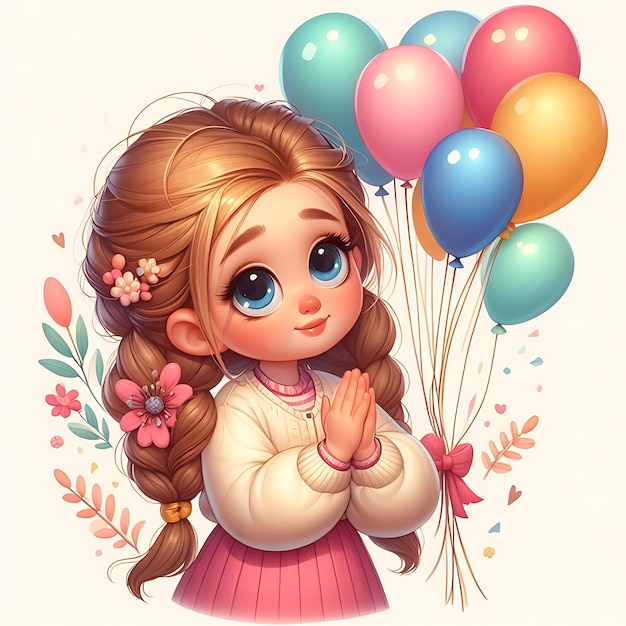 vector birthday a picture of a girl with a hairdoll and a bunch of balloons