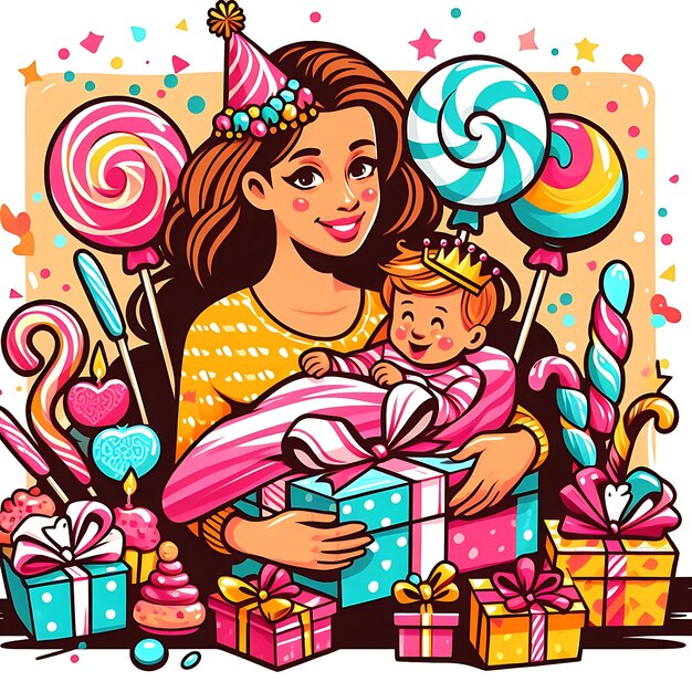 Photo vector birthday a woman holding a baby and a bunch of boxes of candy