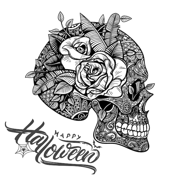 Photo vector black and white tattoo skull roses illustration