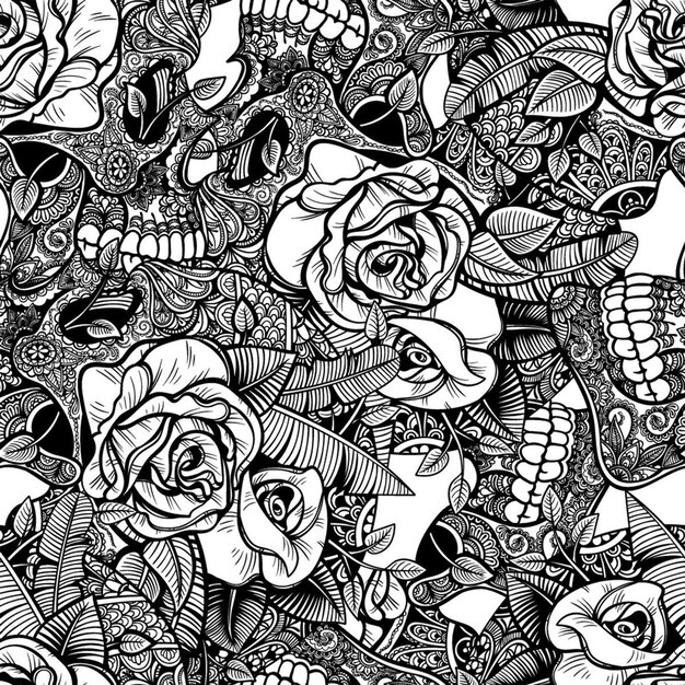 Vector bloemen en bladeren naadloze patroon Hand getrokken Rose Flower Sketch Mooi boeket van Summ