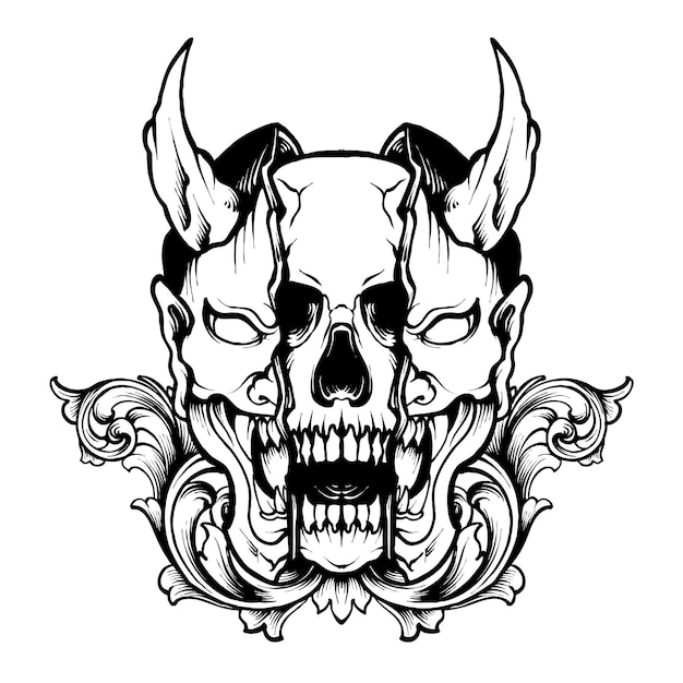 Photo vector bnw skull with hannya mask illustration