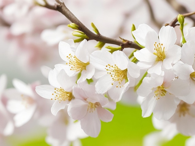 Vector branches of cherry spring flower blooming on burry bokeh