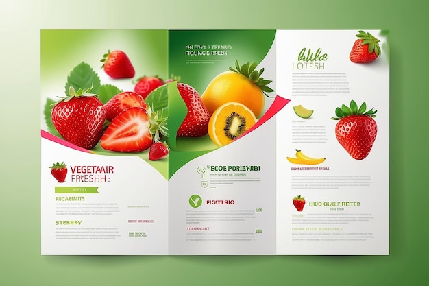 Foto modello di progettazione di brochure vettoriale con sfondo sfocato con frutta e fragola