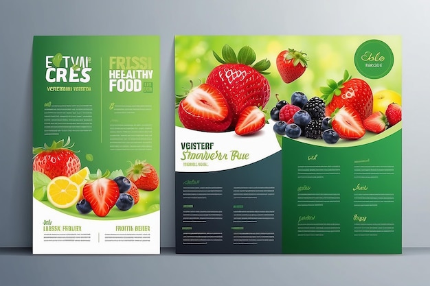 Foto modello di progettazione di brochure vettoriale con sfondo sfocato con frutta e fragola