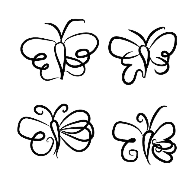 描かれた詳細のコレクションでベクトル蝶の輪郭