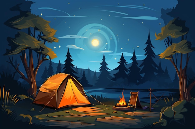 Векторное место для кемпинга мультфильмная композиция с желтой палаткой лампа горшок с ужином на огне ночное небо