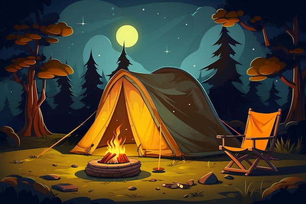 vector camping place cartoon composition with yellow tent lamp pot with dinner on fire night sky