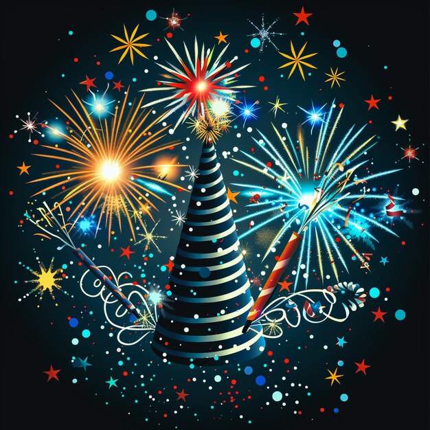 vector card template with fireworks and party horn