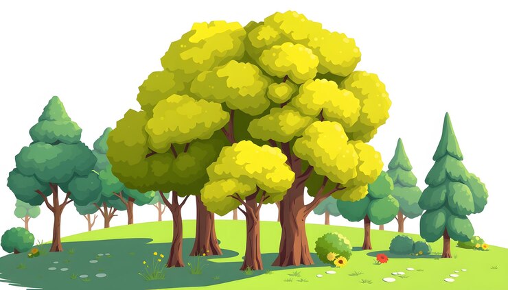 Foto vector cartoon bomen geïsoleerd met witte hoogtepunten