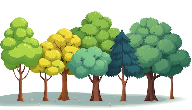Foto vector cartoon bomen geïsoleerd met witte hoogtepunten