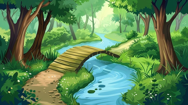Vector cartoon bos met een grillige speeltuin en gelukkige kinderen