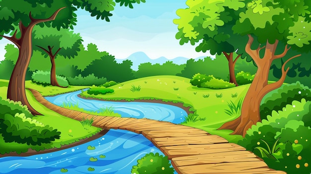 Vector cartoon bos met een grillige speeltuin en gelukkige kinderen