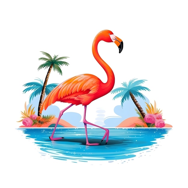 Vector cartoon flamingo standing on the Beach