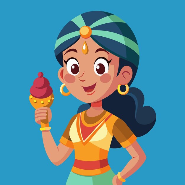 Photo vector cartoon illustration of indian woman holding ice cream for summer fun