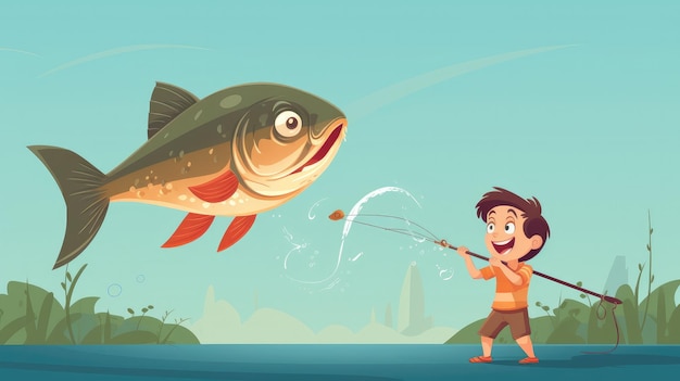 Photo a vector cartoon kid with a fishing rod trying to catch