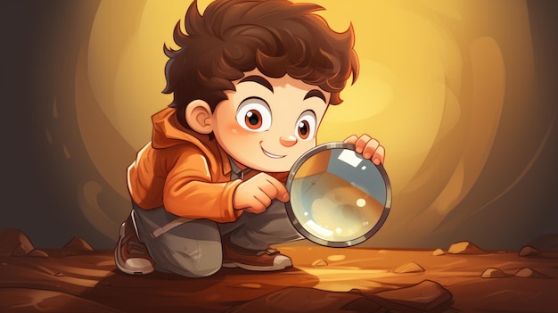 A vector cartoon kid with a magnifying glass