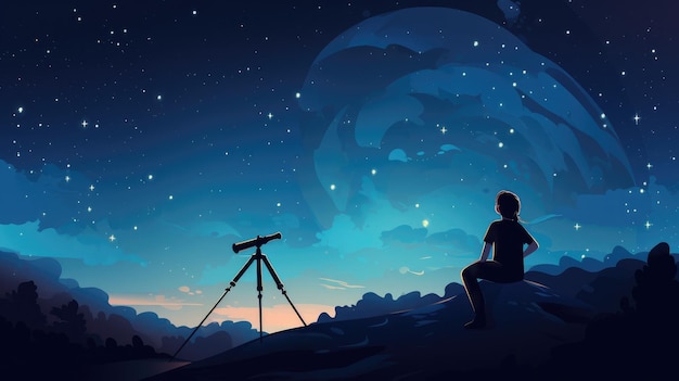 A vector cartoon kid with a telescope looking up at the stars