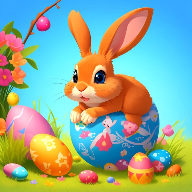 Vector cartoon rabbit painting an easter egg