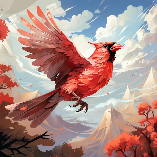 Vector cartoon a red bird flying in the sky