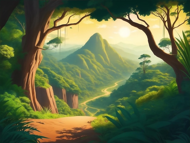 Vector cartoon stijl naadloze mysterie regenwoud met bomen en wandelpad