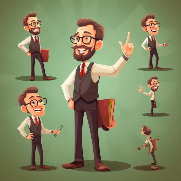 Photo vector cartoon teacher in different poses