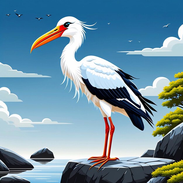 Vector cartoon white stork on stone