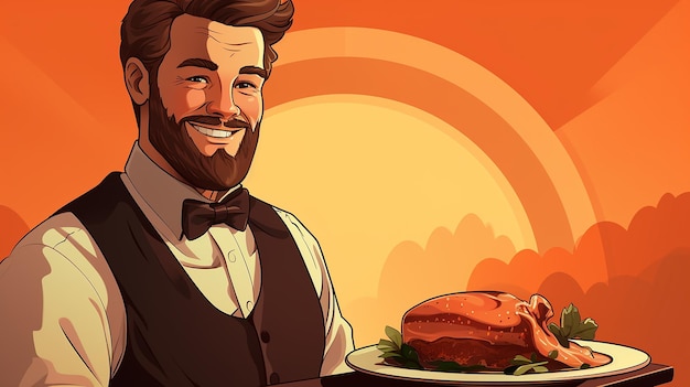 Векторный картонный официантПлоский дизайн Иллюстрация официанта с мясным блюдом