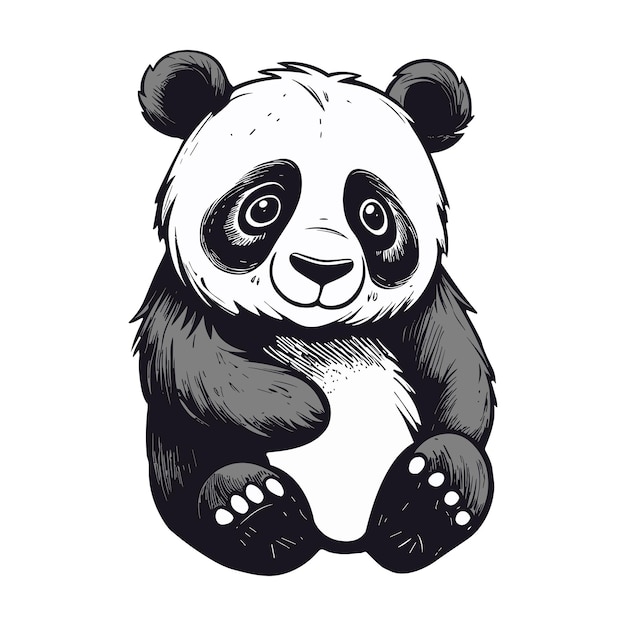 Vector childish lovely cartoon illustration of smiling sitting baby panda bear in black and white