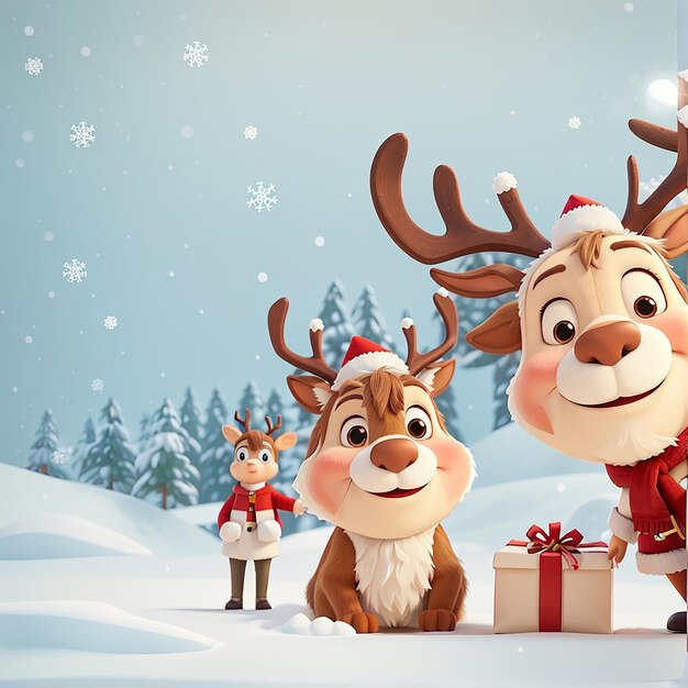 Photo vector christmas card happy new year greeting card snow with reindeer and mom in santa hats winter headwear