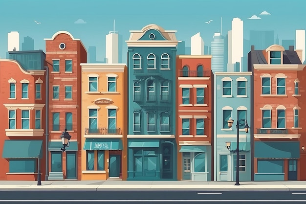 Vector City Street in a Flat Design and Set of Urban Buildings