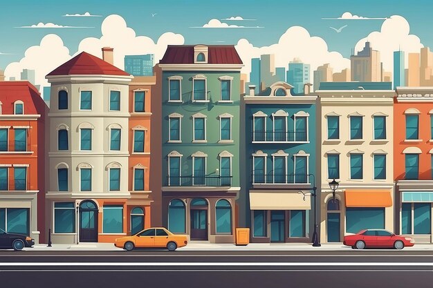 Vector City Street in a Flat Design and Set of Urban Buildings