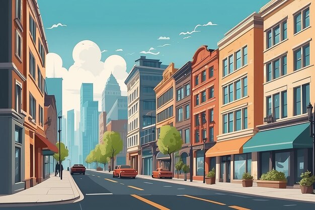 Photo vector city street in a flat design and set of urban buildings