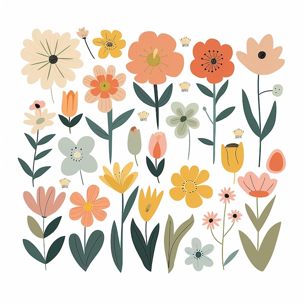 a vector clipart of spring flowers in pastel colors with simple shapes on a white background
