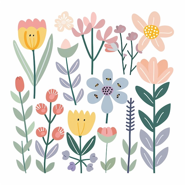 a vector clipart of spring flowers in pastel colors with simple shapes on a white background