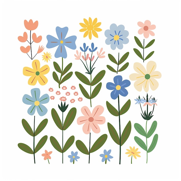 a vector clipart of spring flowers in pastel colors with simple shapes on a white background