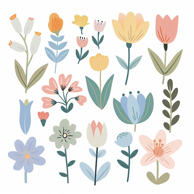 a vector clipart of spring flowers in pastel colors with simple shapes on a white background