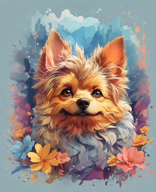 Vector color art design style concept of Dog with flowers created with Generative AI