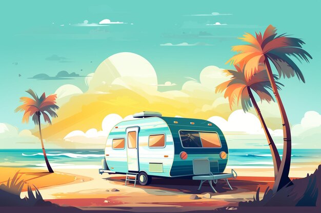 Photo vector colorful caravan background on the beach in flat design