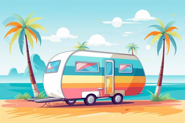 Photo vector colorful caravan background on the beach in flat design