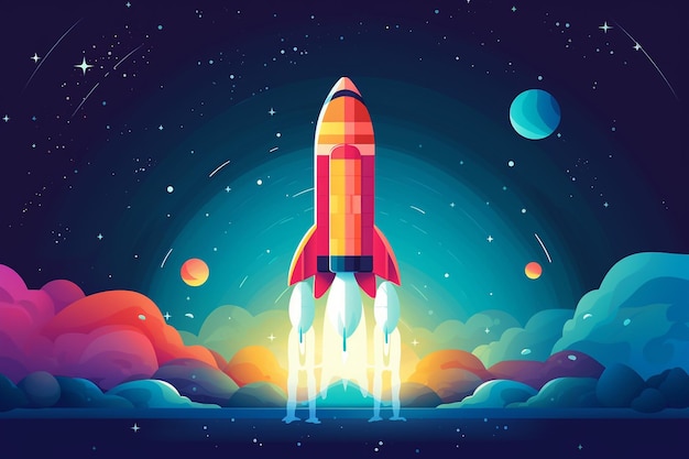 Photo vector colorful gradient space with a rocket background
