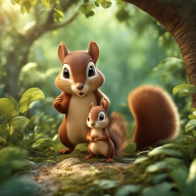 A Vector couple 3d cute cartoon style squirrel clean blured jungle backgrond