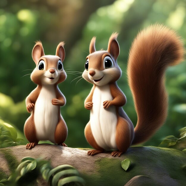 A vector couple 3d cute cartoon style squirrel clean blured jungle backgrond