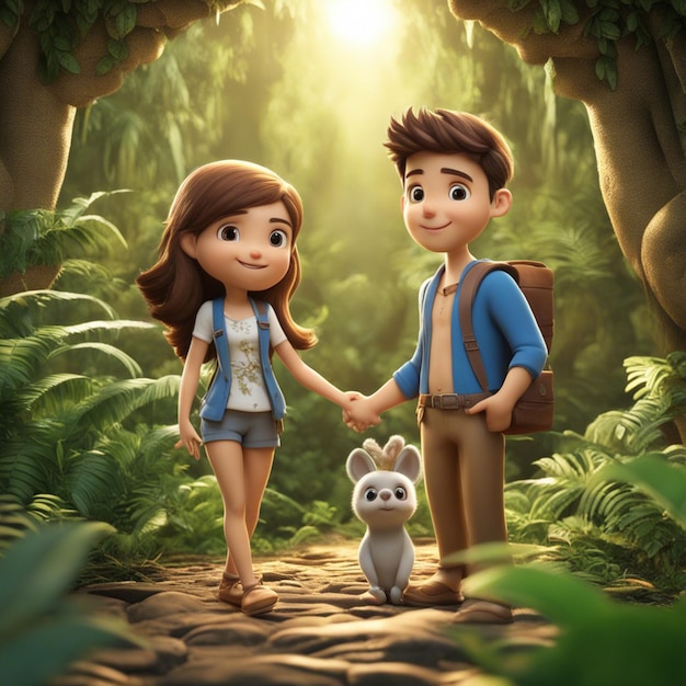 A vector couple 3d cute cemal cartoon clean blured jungle backgrond